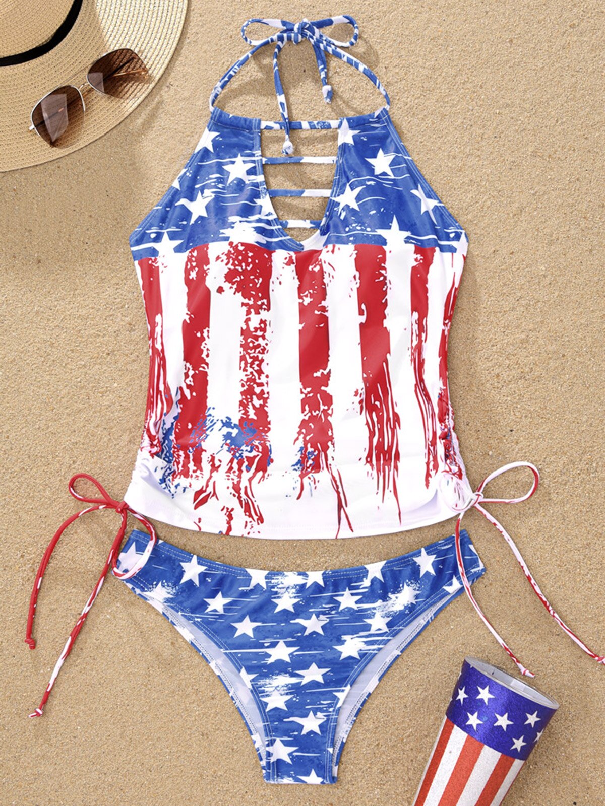 Sexy Women American Flag Hollow Out Drawstring Halter Tankini Set Brazilian Swimsuit 2024 New Bra Two Piece Swimwear Beachwear