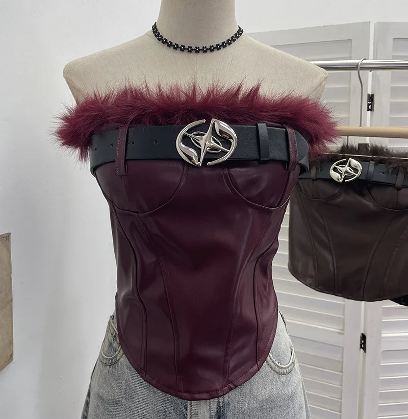 Winter New Fashion Furry Patchwork PU Leather Belt Tank Top Vest For Women Chest Pads Backless Short Tops 11A07915 Red One Size