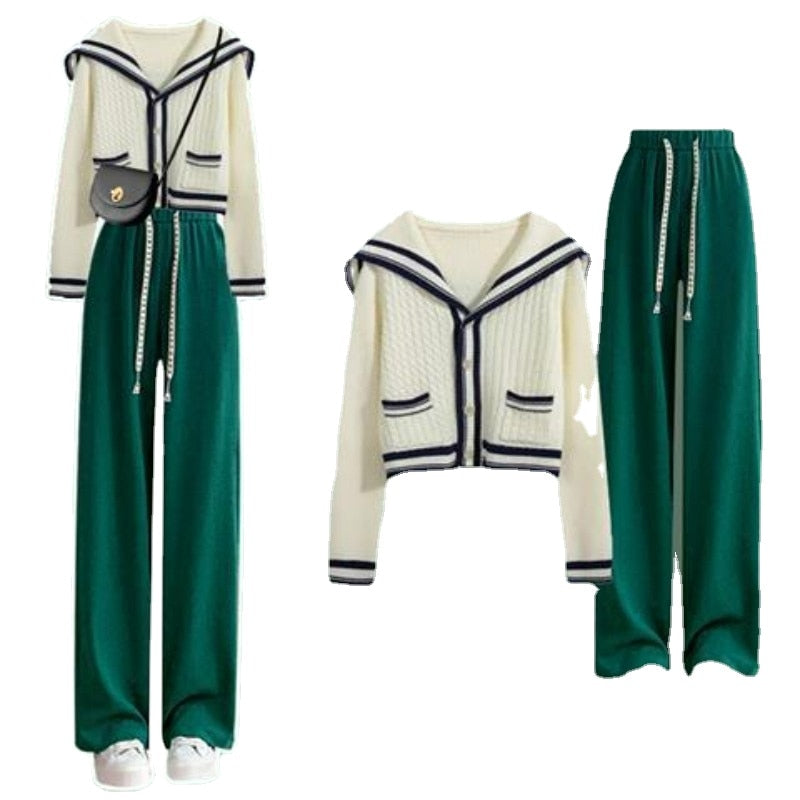 Sailor Collar Two Piece Set for Women Knitted Cardigan + Pant Sets Long Sleeve Korean Outfit Tracksuit 2024 New Knit Autumn Suit