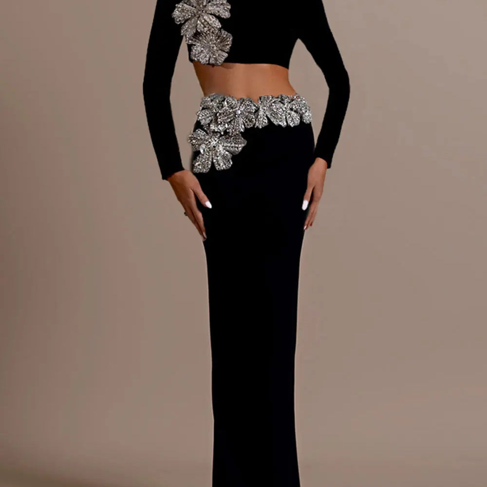 2024 Sexy Women's Bandage Skirt Set Stand up Collar Long Sleeve Nail Bead Water Diamond Short Top+Long Dress Two Piece Set