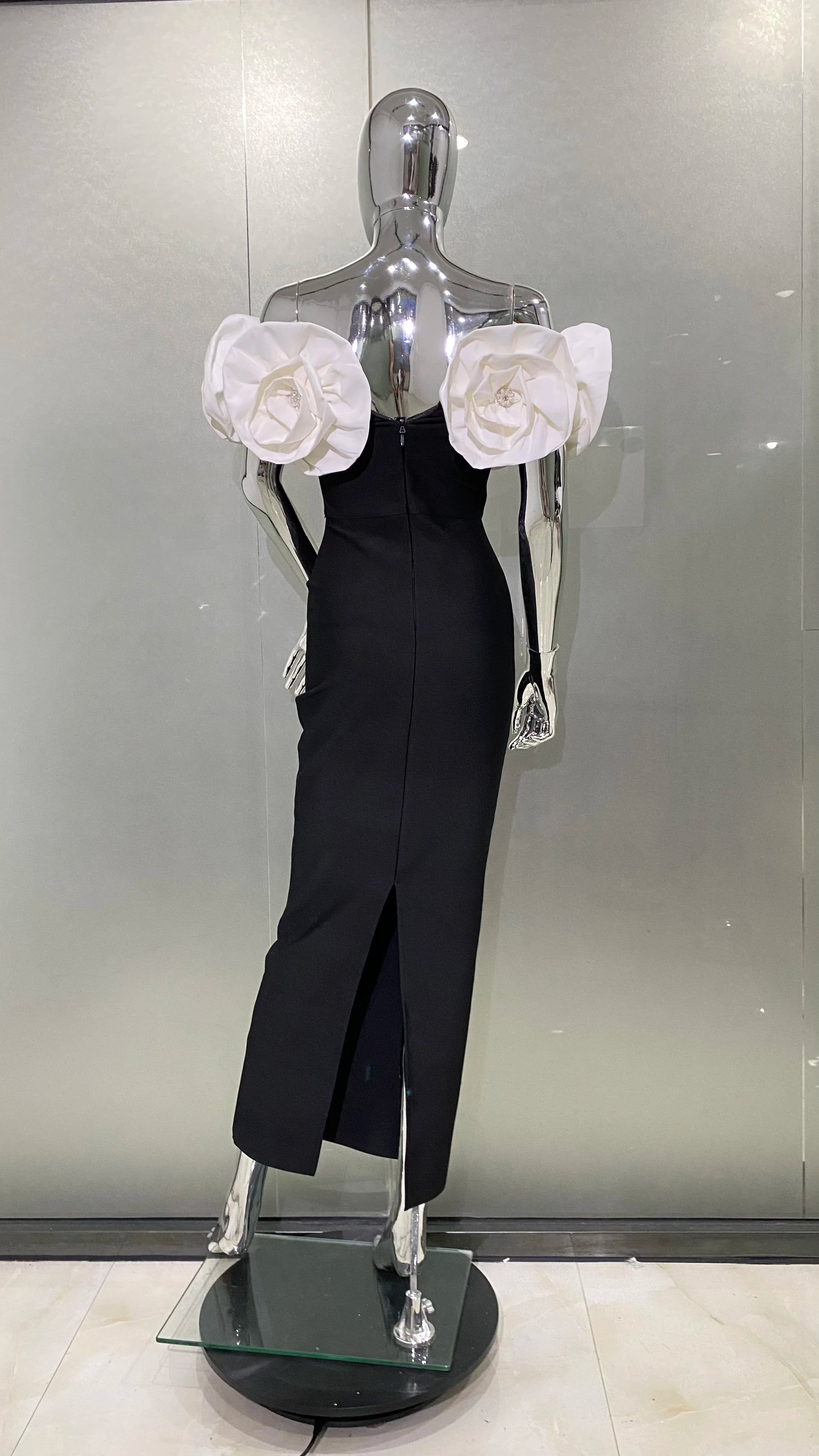 Fashion Big White Flowers Women Sexy Off the Shoulder Bodycon Long Bandage Dress Celebrate Evening Party Birthday Dress