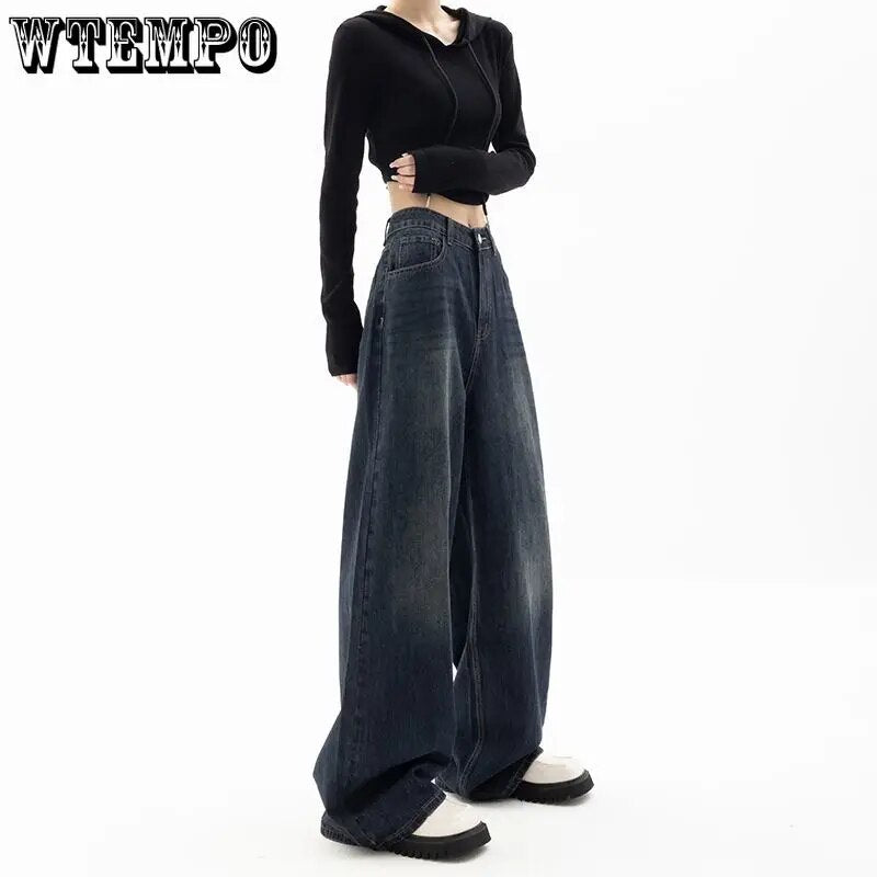 WTEMPO Vintage Women Wide Leg Jeans Harajuku Baggy Denim Trousers Oversized Grunge Streetwear Y2k Autumn Pants Korean Fashion