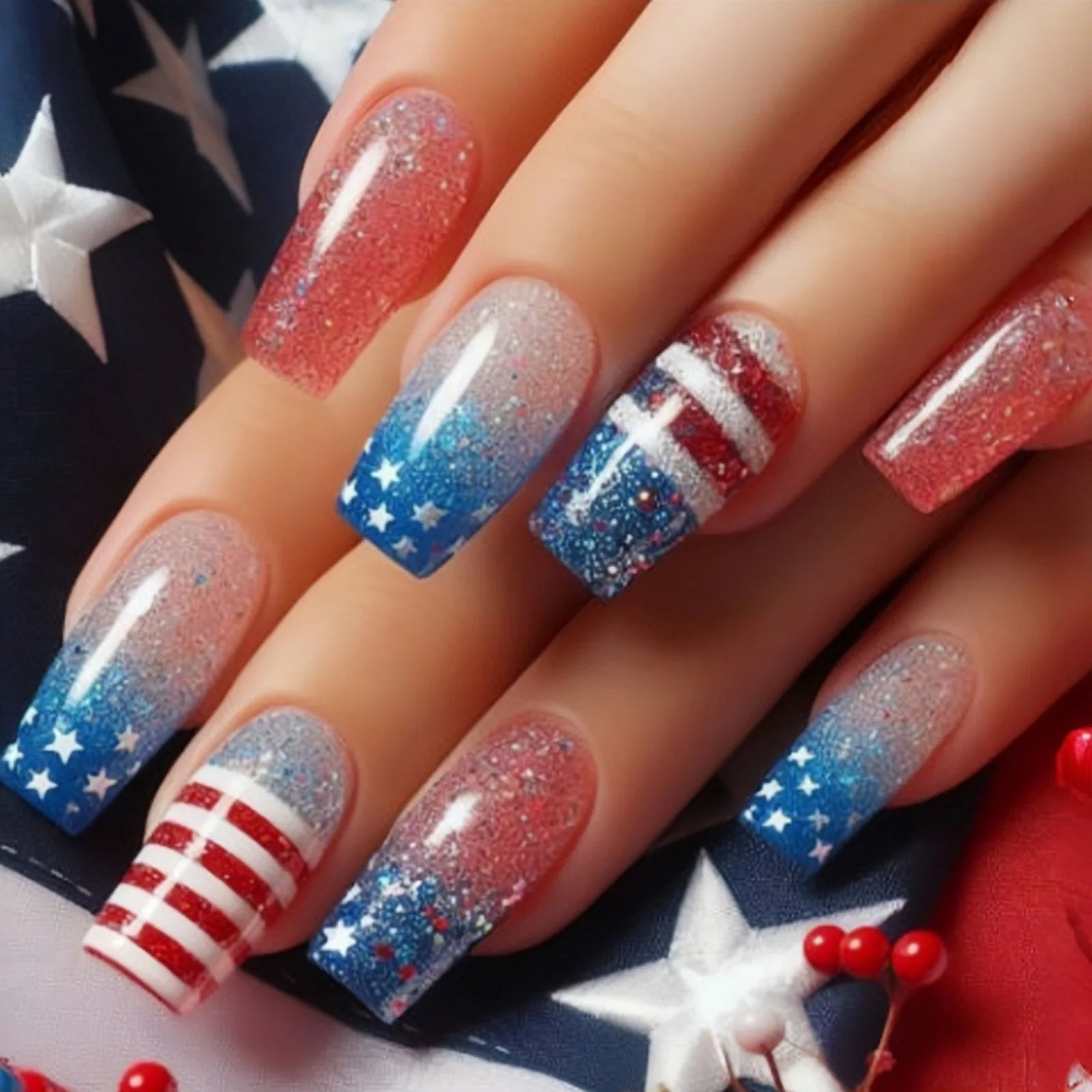 24pcs/set Short Medium square ballet fake nails tip for American Independence Day blue red flowers star flag press on false nail 2036