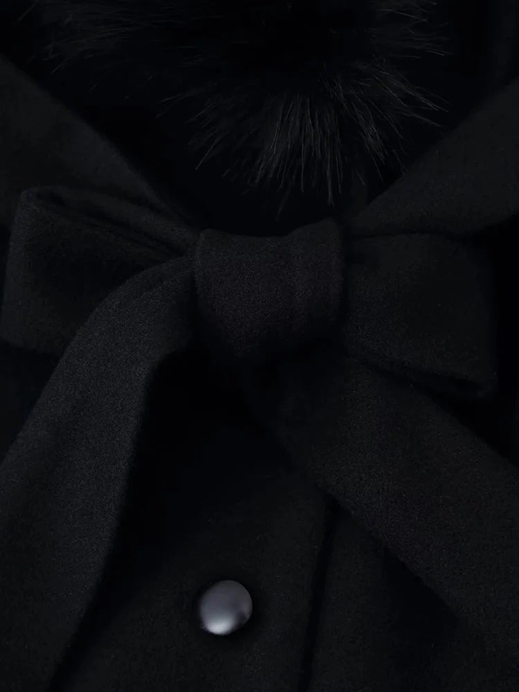 Women New Slim Black Faux Fur Woolen Patchwork Women Long Coat Chic Belt Full Sleeve Button Female Outwea Coats