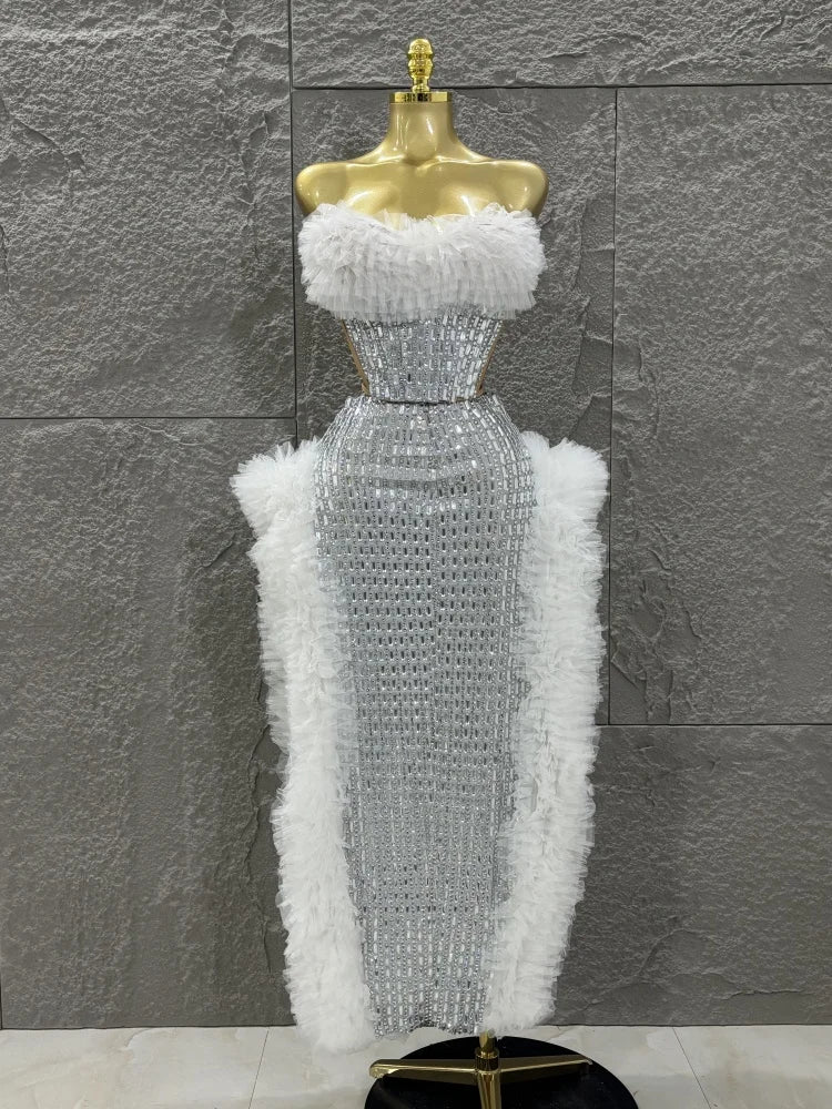 STOCK Women Sexy Mesh Ruffles 2 Pieces Laced-up Ball Gown Long Dress Fashion Nightclub Party Performance Costume Stage Wear