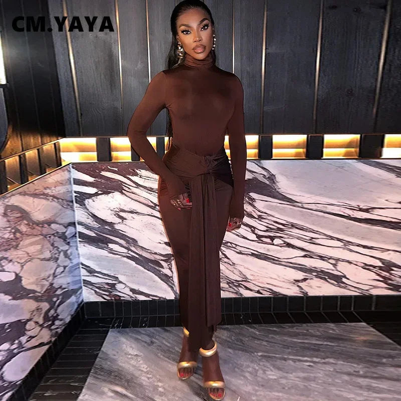 Women Full Sleeve Turtleneck Ribbon Ruched Long Maxi Dress 2025 Spring Sexy Street Slim Evening Night Club Party Dresses