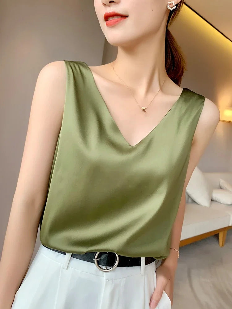 Ice Silk Camisole Women's V-neck Tops White Satin Camis Mulberry Summer Ladies' Crop Top Women Solid Blouse Vest Avocado