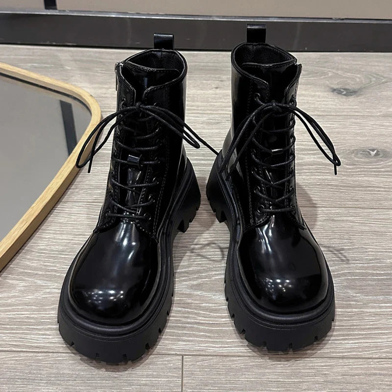 Chunky Platform Women's Ankle Boots Autumn Black Patent Leather Motorcycle Boots Woman Gothic Thick Bottom Combat Booties