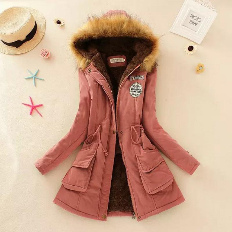 Women Autumn Winter Cotton Jacket Slim Warm Wadded Hooded Parkas Casual Mid Coats Emboridery Female Thick Outwear Overcoat Dark Pink