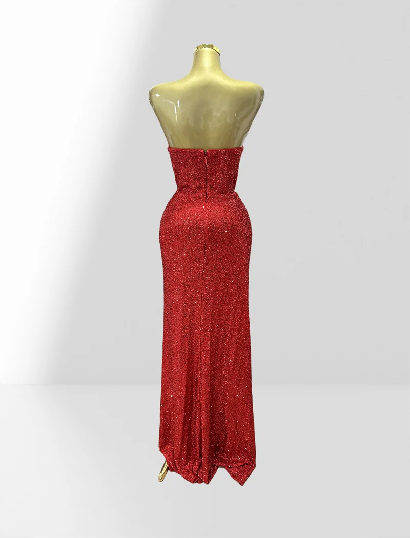 Haute Couture Red Sequins Sexy Off The Shoulder High Split Ankle Lenght Dress Woman Birthday Party Dress Celebrity Patry Outfit