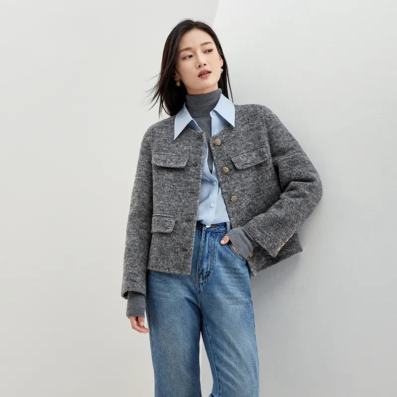 Winter Wool Blend Coats for Women Round Neck Long Sleeve Double-faced Woolen Cropped Jacket Elegant Outerwear Grey