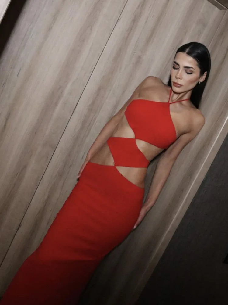 2023 New Summer Red Color Women Sexy Halter Cut Out Bodycon Bandage Long Dress Fashion Birthday Christmas Cocktail Party Dress