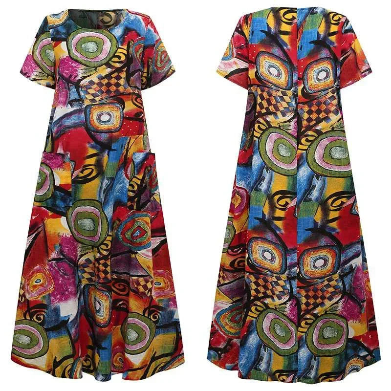 New Short Sleeve Long Retro Print Dress Pocket Large Casual Dress