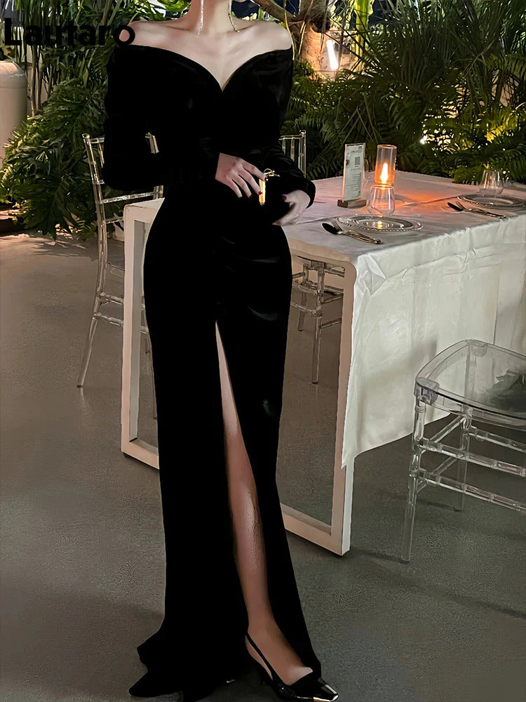 Spring Long Sexy Black Stretchy Fitted Birthday Party Evening Dresses for Women Luxury Elegant Off the Shoulder Clothing