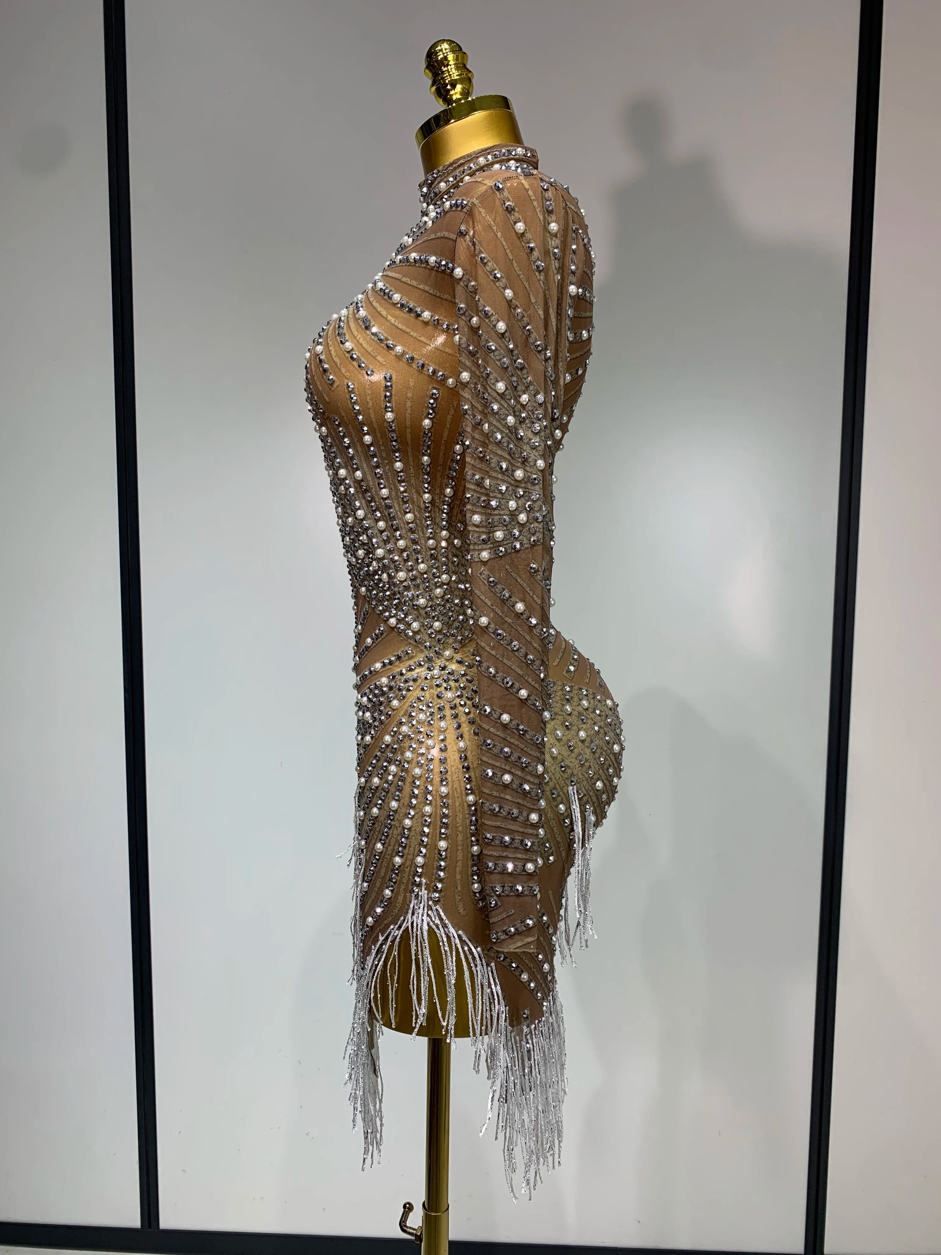 Luxury Rhinestone Tight Short Dress Women Long Sleeve Evening Party Prom Gown Birthdy Nightclub Performance Costume Stage Outfit