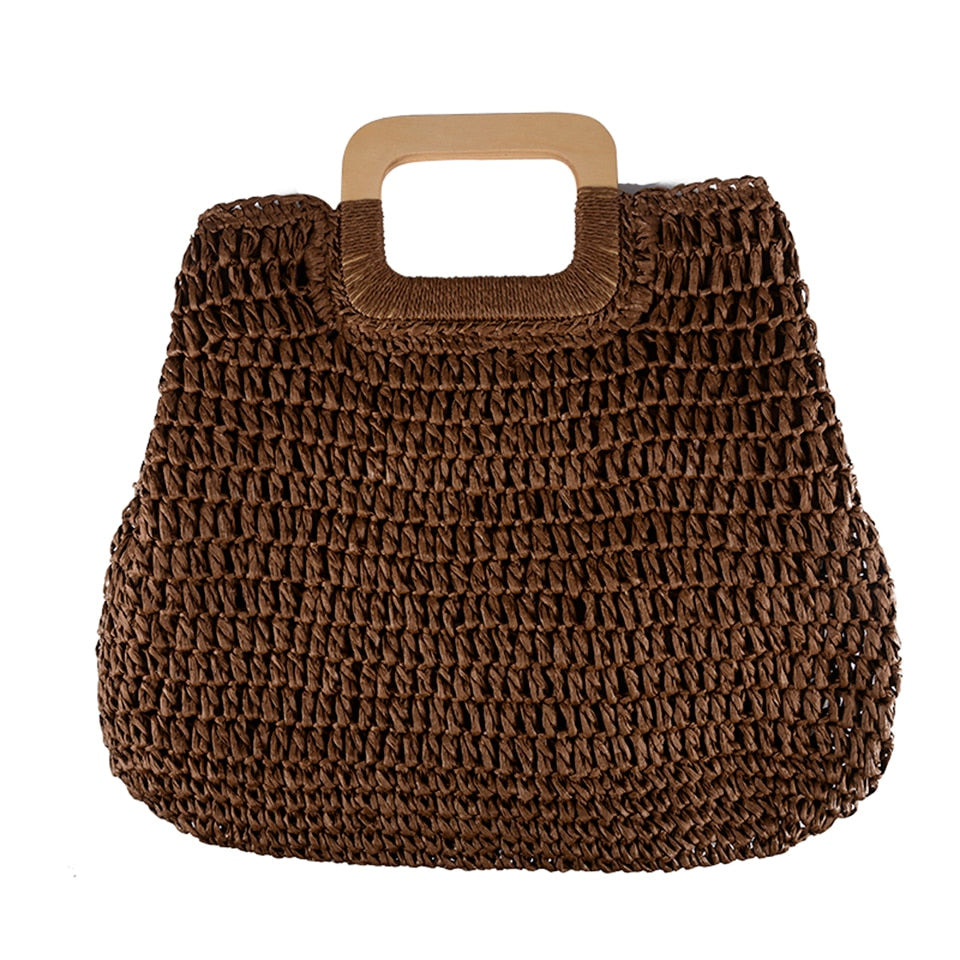 Summer Straw Handbag Wooden Handle Large Capacity Paper Rope Woven Straw Bag 2024 New Fashion Summer Vacation Travel Beach Bag 1