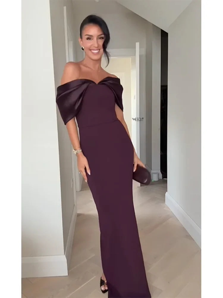 Elegant Purple Satin Patchwork Off Shoulder Midi Dresses New Lady Sleeveless Backless Slim Fit Long Vestido Evening Party Gowns