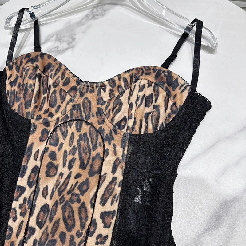 Winter New Fashion Yellow Leopard Print Patchwork Lace Fishbone Waist-Cinching Camisole For Women Tank Tops 11A07584