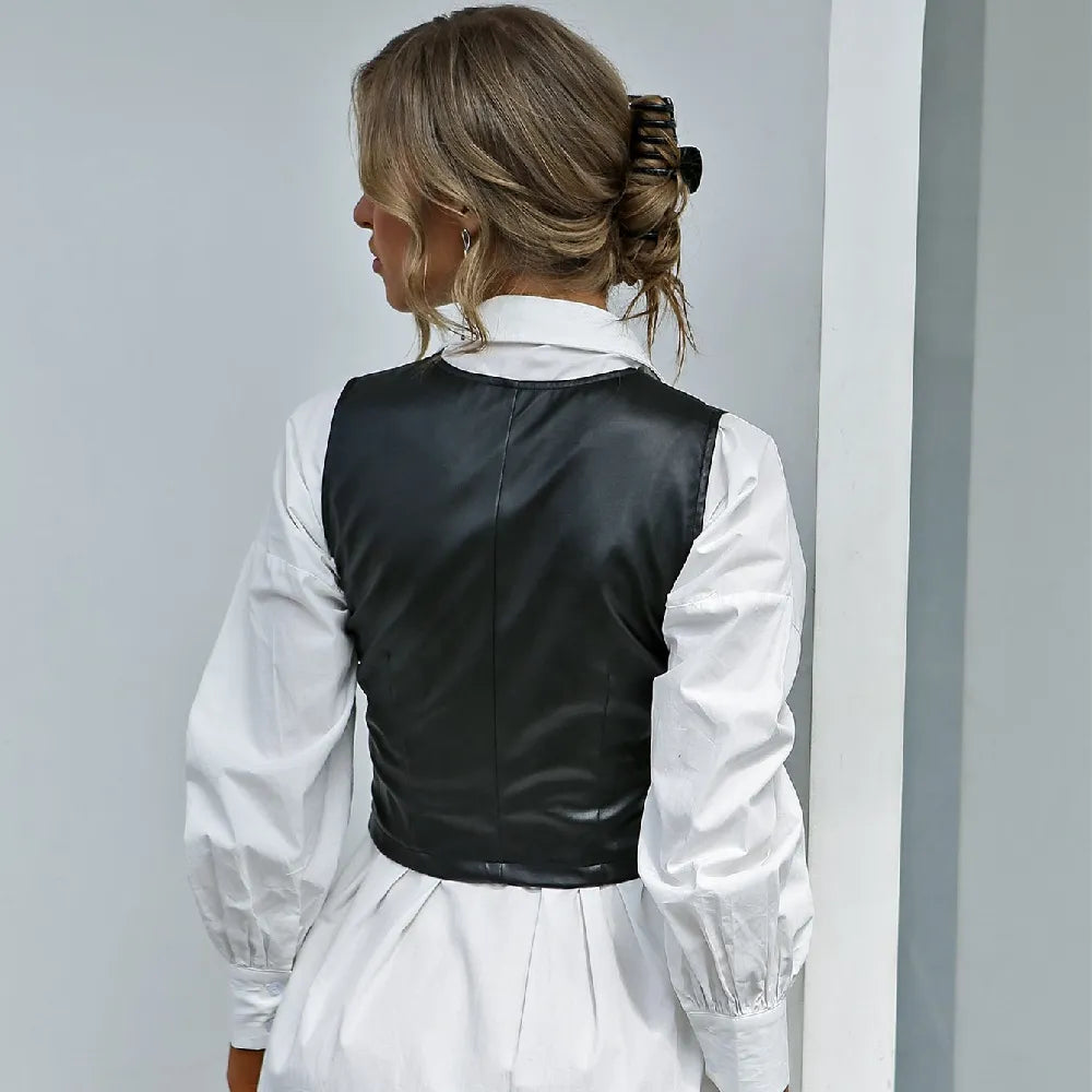 Vintage Cropped PU Leather Vest for Women V-neck Button Slim Waistcoat Spring Autumn Sleeveless Jacket Female Vests