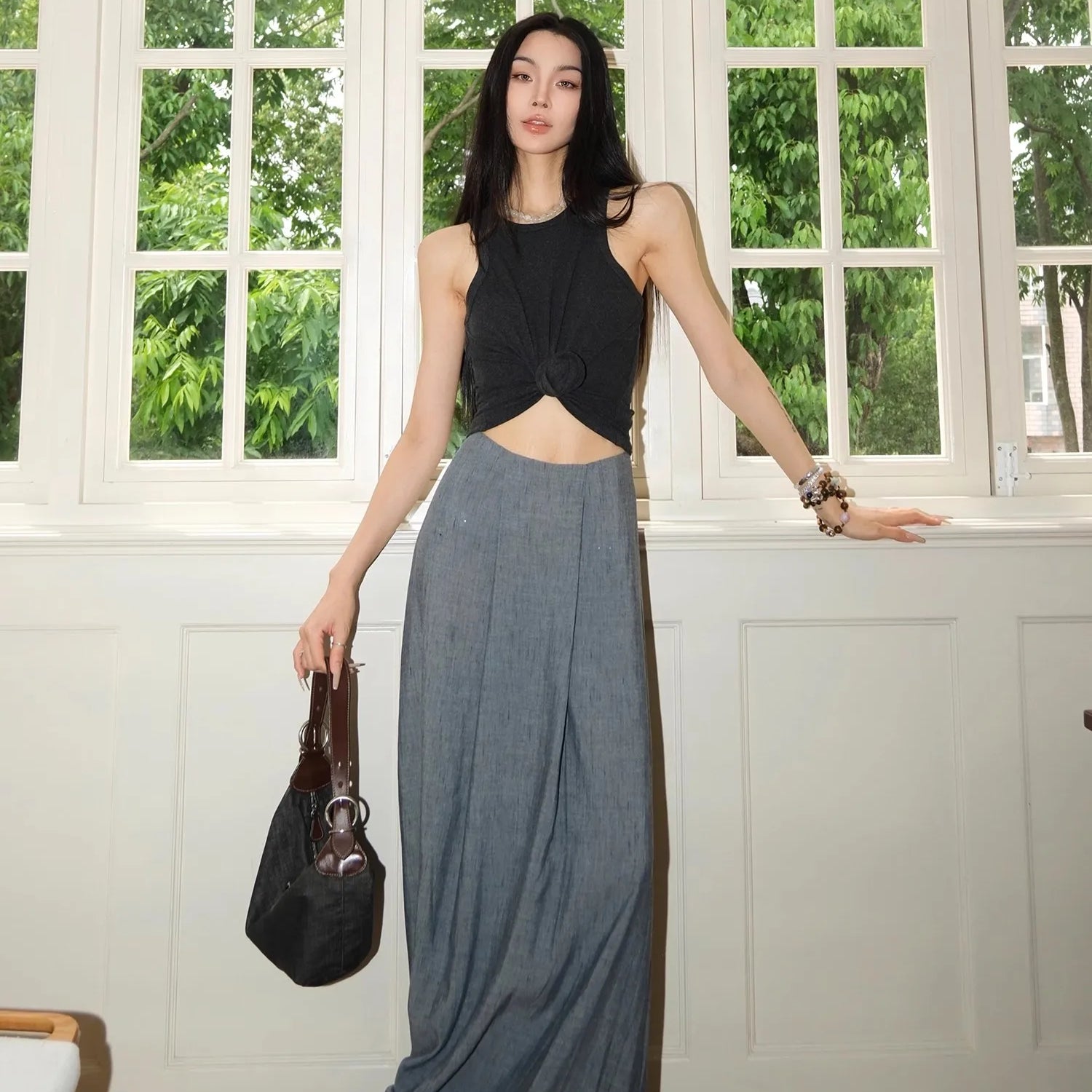 Lautaro Spring Summer Flowy Soft Thin Floor Length A Line Skirt Women High Waist Elegant Chic Extra Long Luxury Designer Clothes