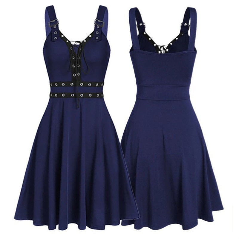 Women Mini Dresses Gothic Black Sexy Deep V Neck Fall Punk Sleeveless Rivet Fashion Tunic Hip Hop Bandage Female Dress Navy