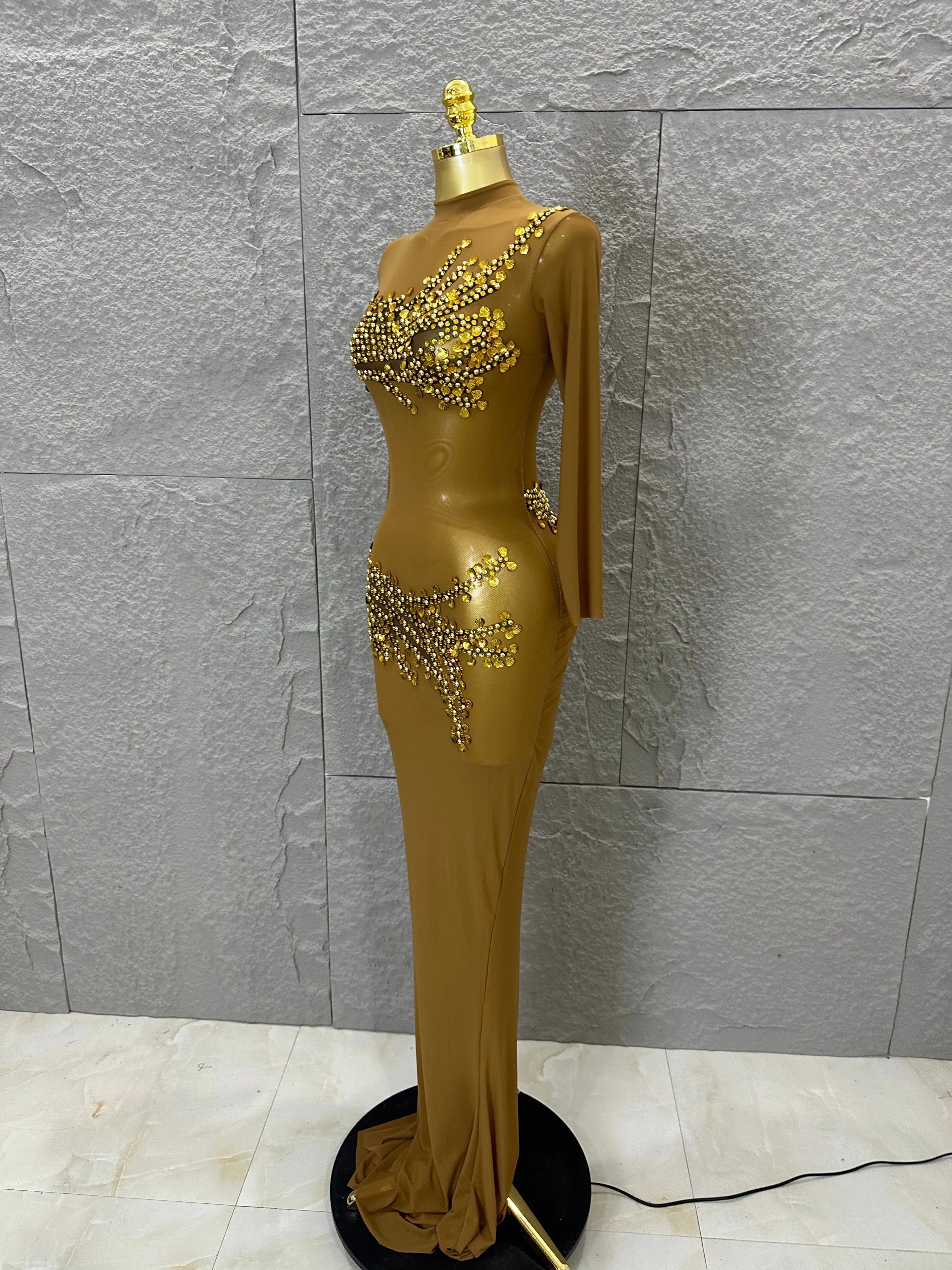 Sexy 2026 Black Sheer Mesh Maxi Dress Women Long Sleeve High Neck Red Rhinestone Embellished Bodycon Stage Costume