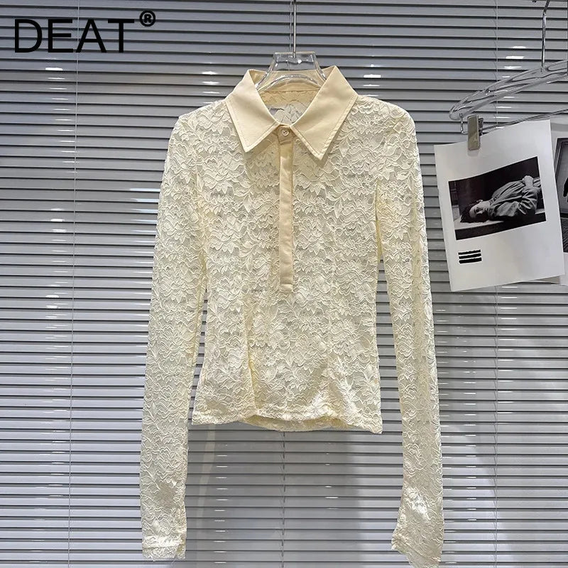 DEAT 2026 Spring New Fashionable Elegant V-neck Turn-down Collar Lace Hollow Long Sleeve Base Shirt For Women 11A07847