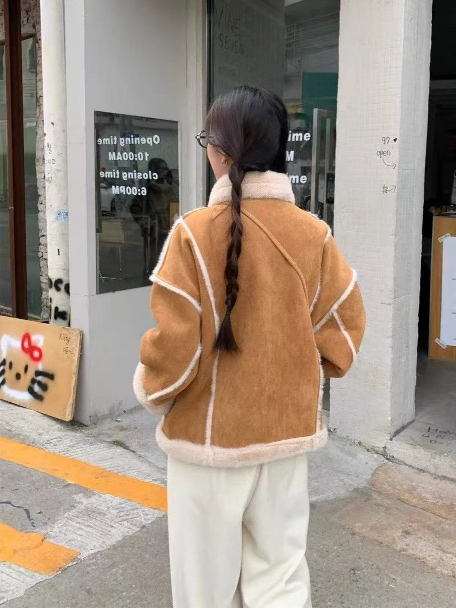 2025 Winter Fashion New Women's Simulated Fur Coat Thickened Imitation Fur Integrated Stand Collar Thickened Warm Coat Brown