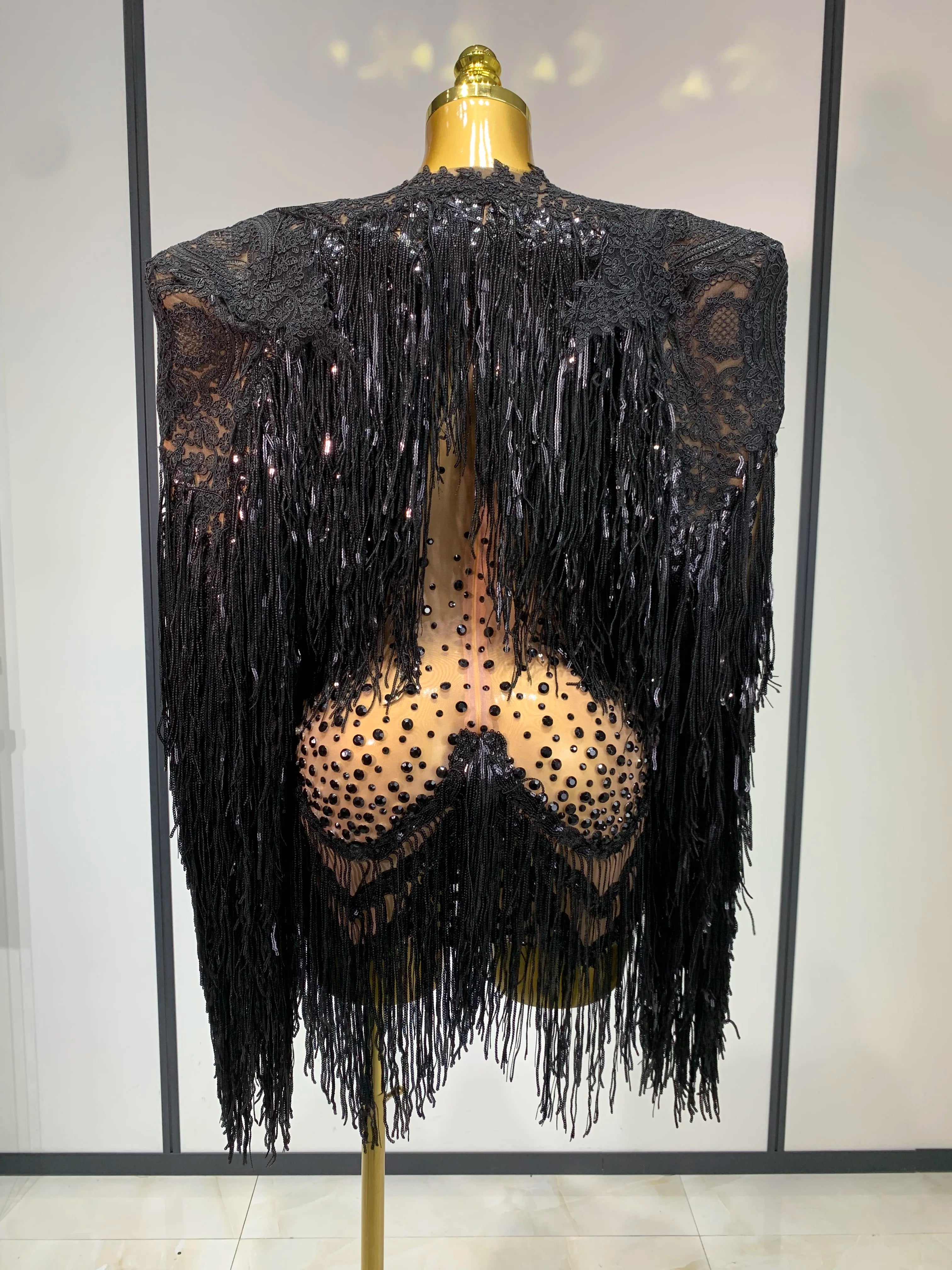 Rhinestones Tassels Mini Dress Suit Luxury Women Sexy See Through Mesh Party Club Dresses Performance Stage Outfit