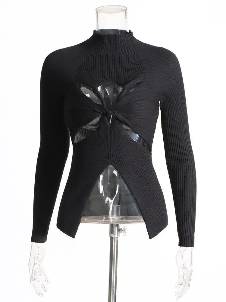 Slimming Crisscross Hollow Out Knitting Sweaters For Women Round Neck Long Sleeve Solid Casual Chic Sweater Female BLACK