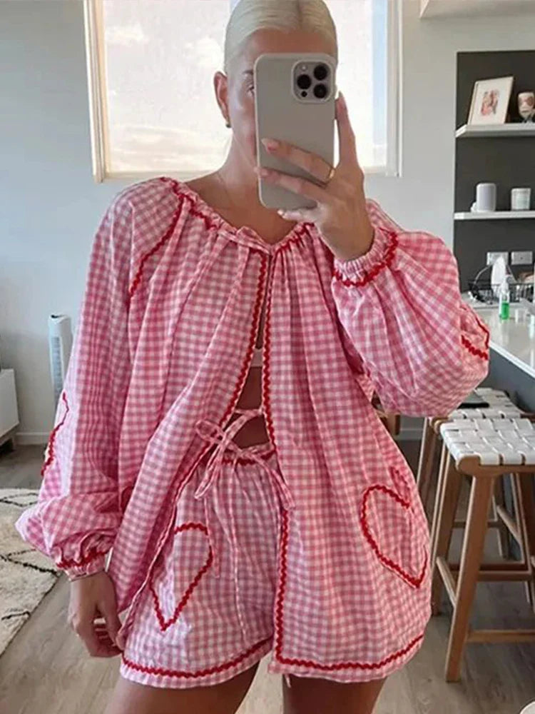 Women Heart Pocket Plaid Shirt Pants Set Casual Lantern Sleeve Lace Up Blouse 2 Piece Sets Summer Loose Drawstring Pants Set pink short suit