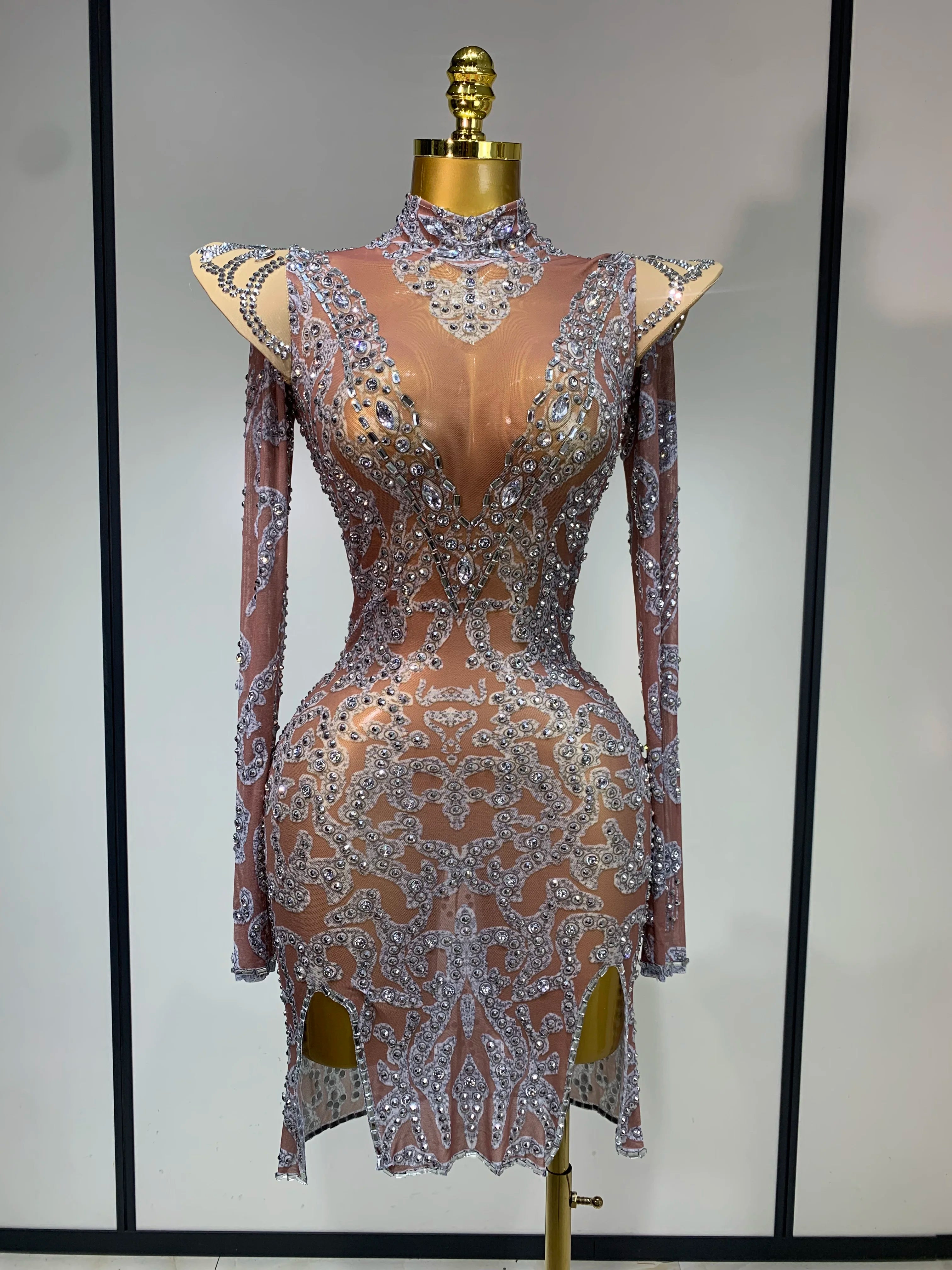 Women Shiny Rhinestones Mesh Transparent Mini Dress Luxury Birthday Celebrate Photoshoot Dress Singer Stage Drag Queen Costume Dark Brown