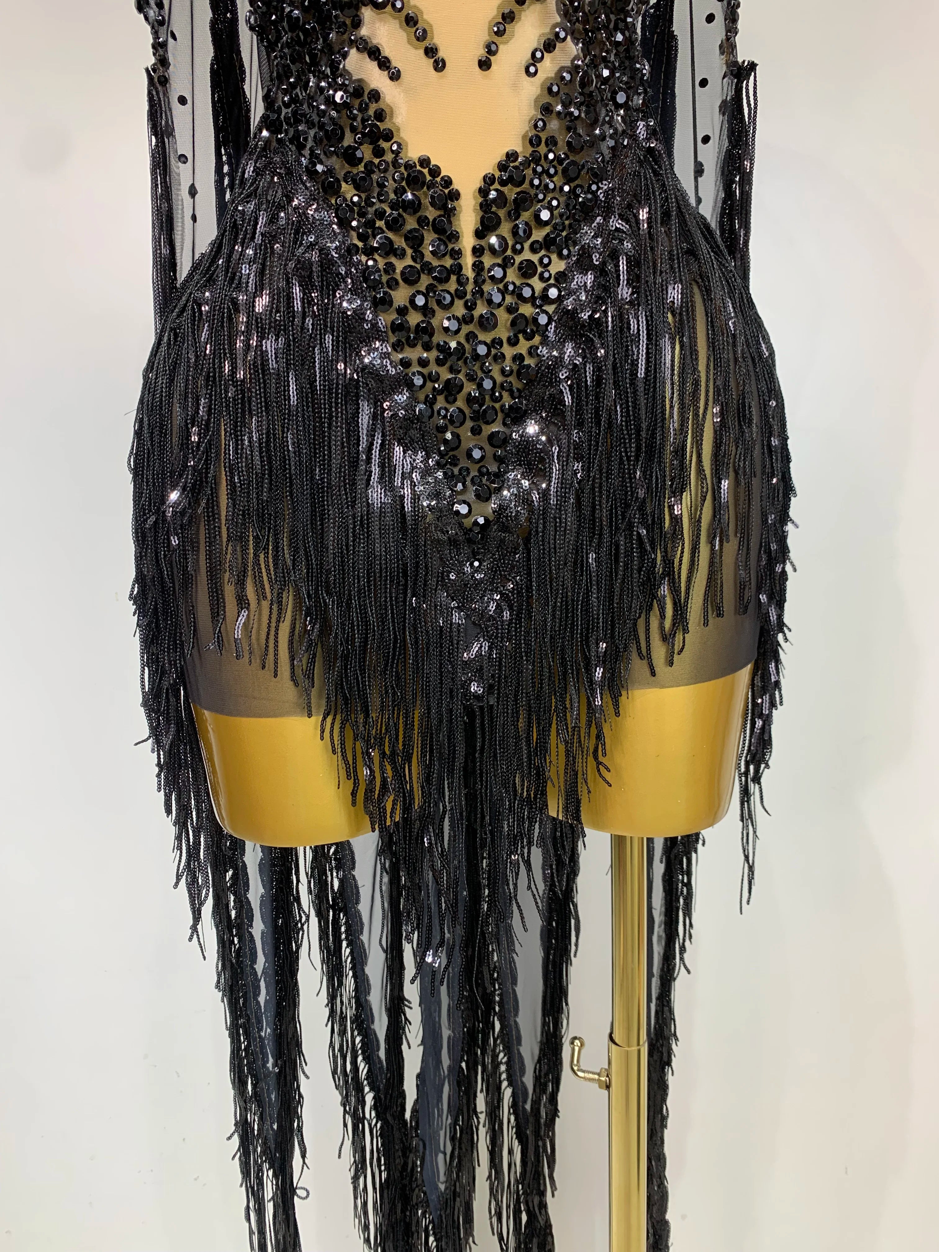 Sexy Sparkly Rhinestone Sequins Tassel Mesh Transparent Dress Women Evening Birthday Party Nightclub Dance Singer Stage Outfit