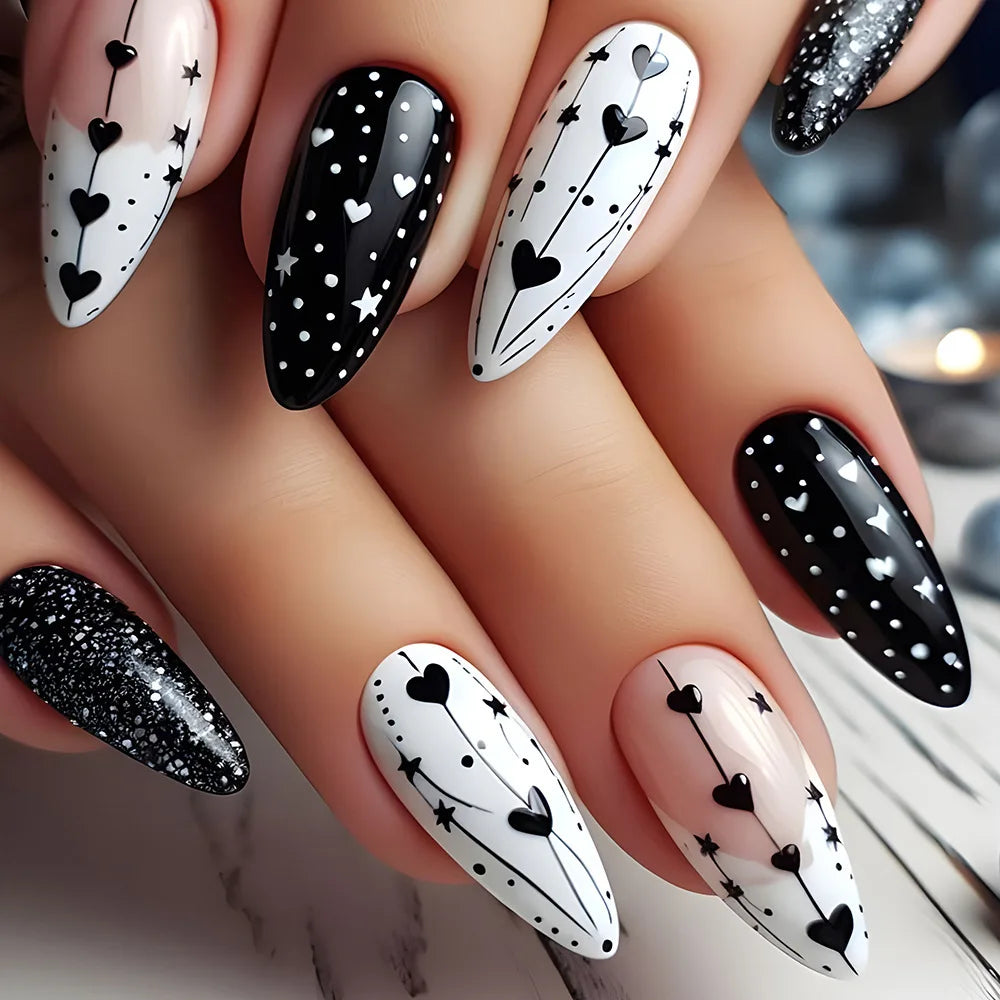 24pcs/set short Medium fake nails square ballet almond nail tips pink beautiful heart for Valentine's Day press on false nails 1729