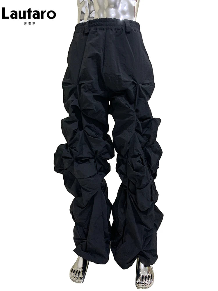 Lautaro Autumn Long Black Waterproof Stacked Pants for Mens with High Elastic Waist Luxury Designer European Fashion Clothing Black