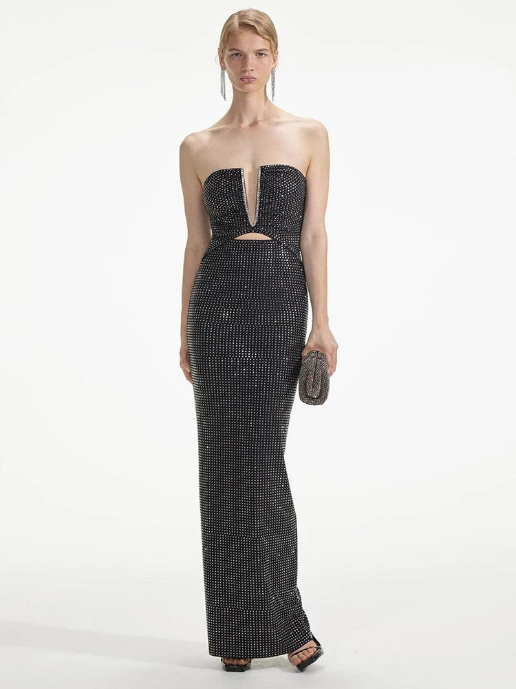 Strapless V Neck Sparkling Diamonds Bandage Long Dress Women Black Sleeveless Backless Shiny Bodycon Celebrity Evening Gowns