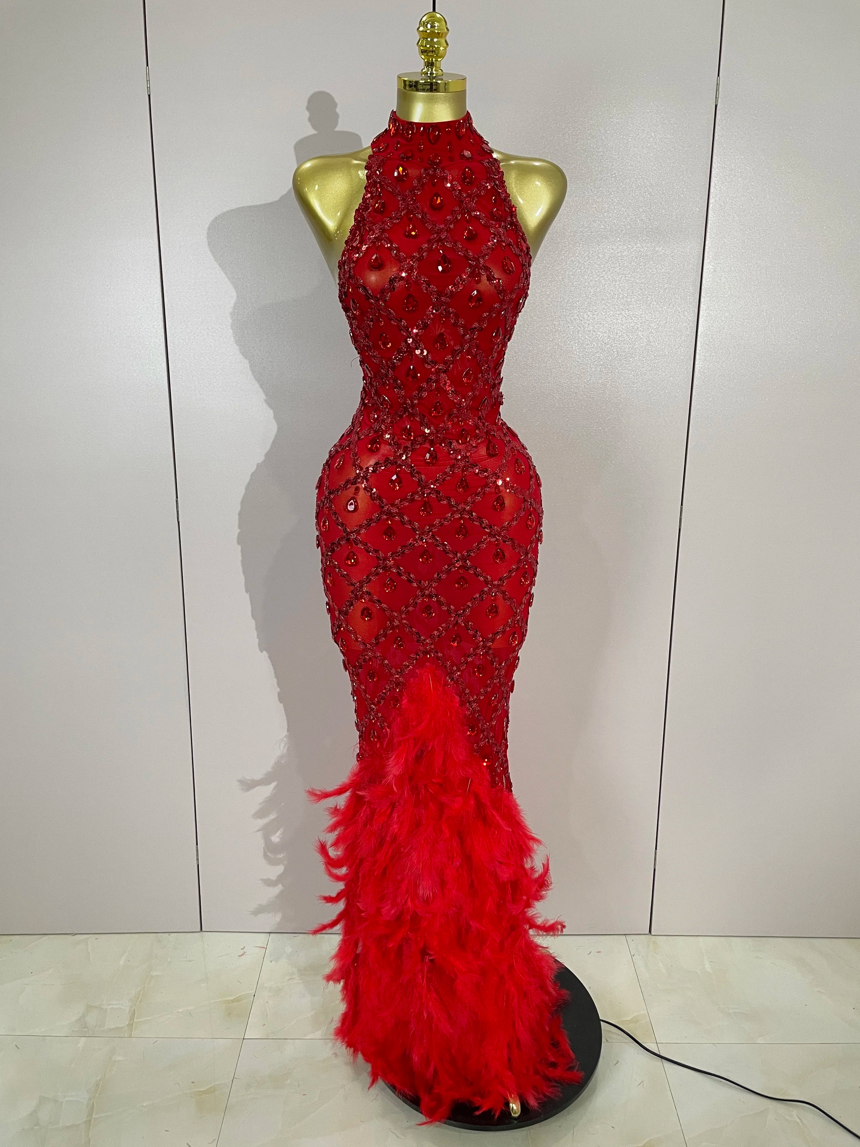Luxury Shining Gold Rhinestones Feather Sexy Mesh Long Dress Women Birthday Evening Red Carpet Fashion Show Gown Stage Costume Red