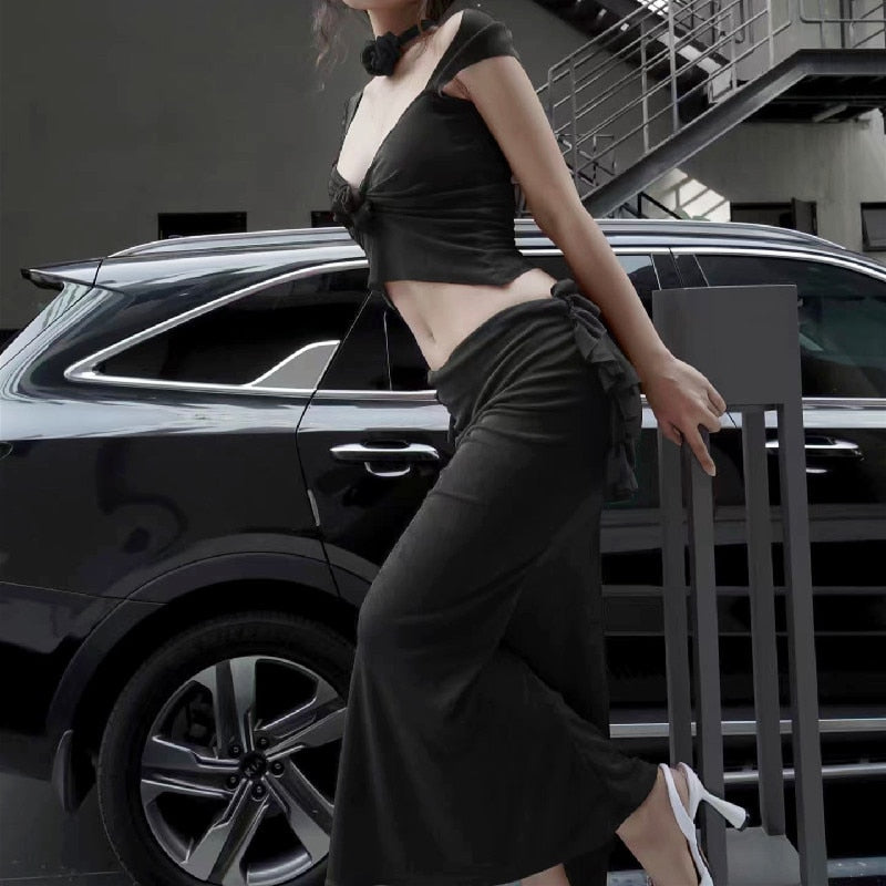 Xeemilo Sexy Three-dimensional Flower Low-cut Crop Top With High-waist Ruffles Long Hip Skirt 2024 Elegant Women Party Outfits