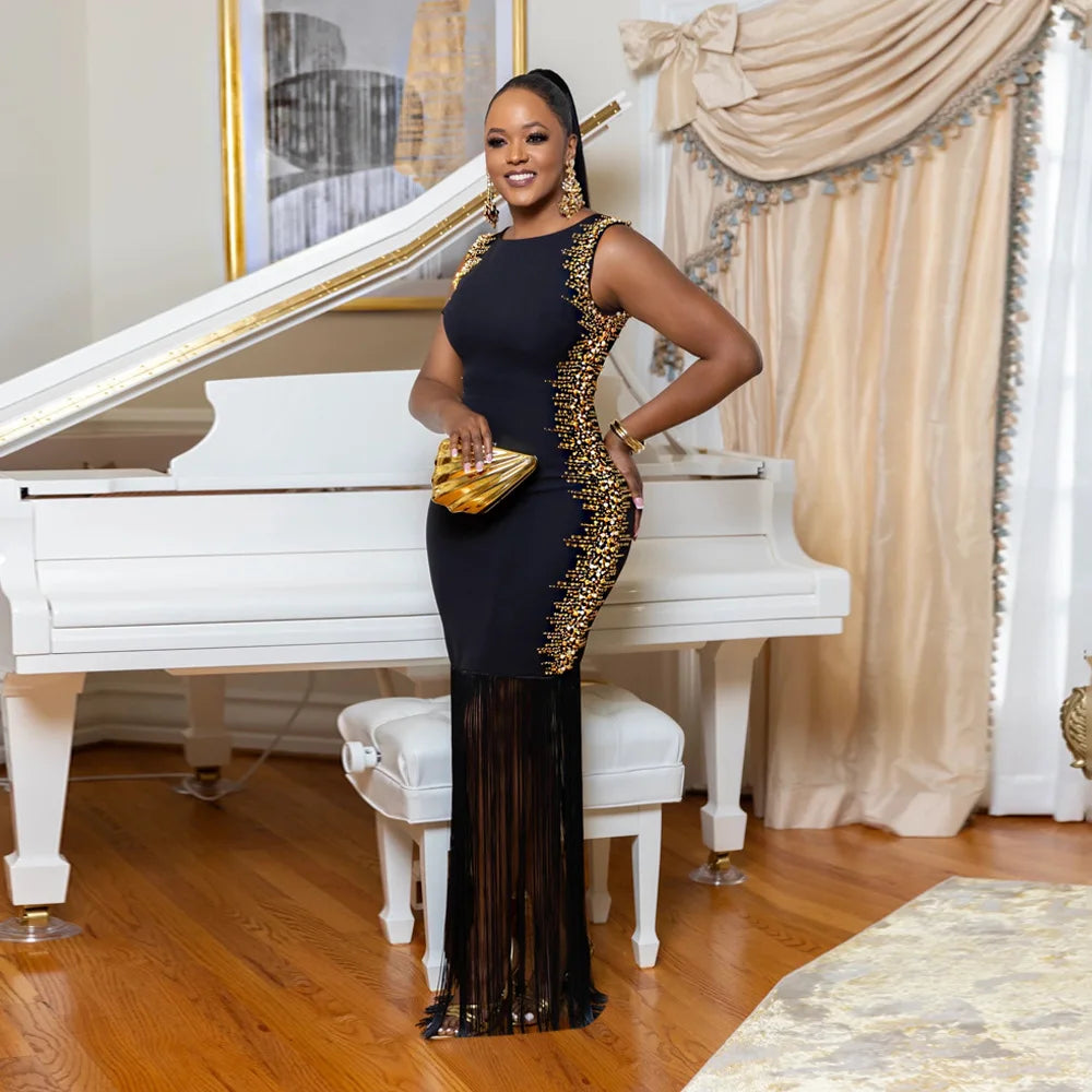 Fall Diamonds Hot Rhinestones Tassel O-neck Women Sleeveless Bodycon Long Dress Birthday Party Evening Prom Maxi Dresses Black