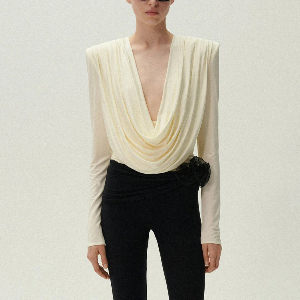 Slim Two Piece Set For Women Swinging Collar Long Sleeve Top High Waist Spliced Appliques Pant Casual Sets Female APRICOT TOP