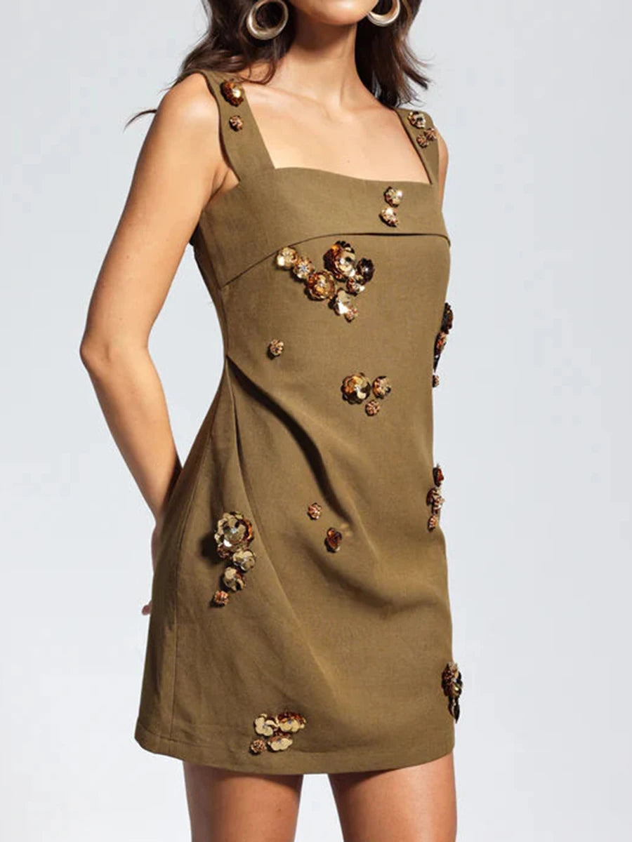 Solid Slimming Fashion Mini Dresses for Women Square Neck Sleeveless Patchwork Sequins Temperament Dress Female New