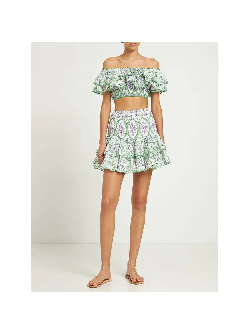 New embroidered hollowed lotus leaf elastic jacket + elastic lotus leaf cotton embroidered cake skirt 2-piece set of moisture green