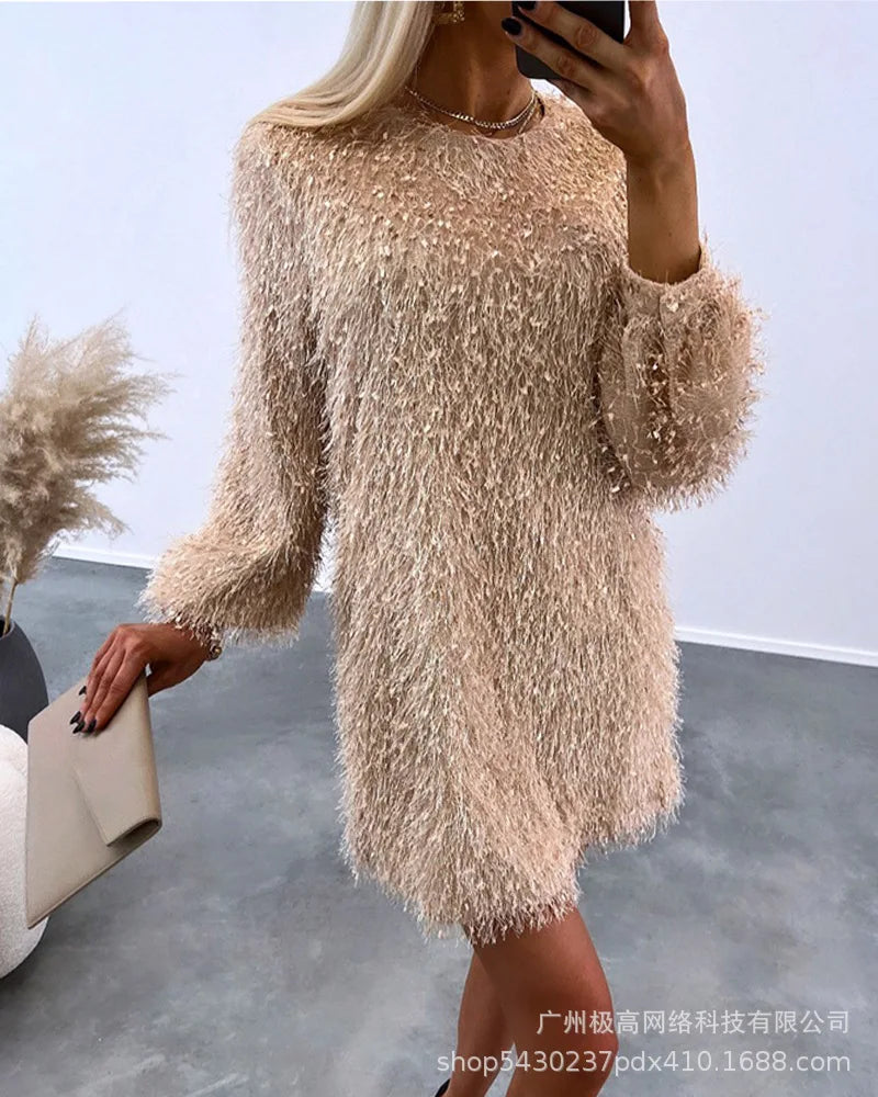 Women Dresses Spring Fashion Fluffy O-Neck Casual Plain Long Sleeve Daily Mini Straight Dress Woman Clothing Khaki