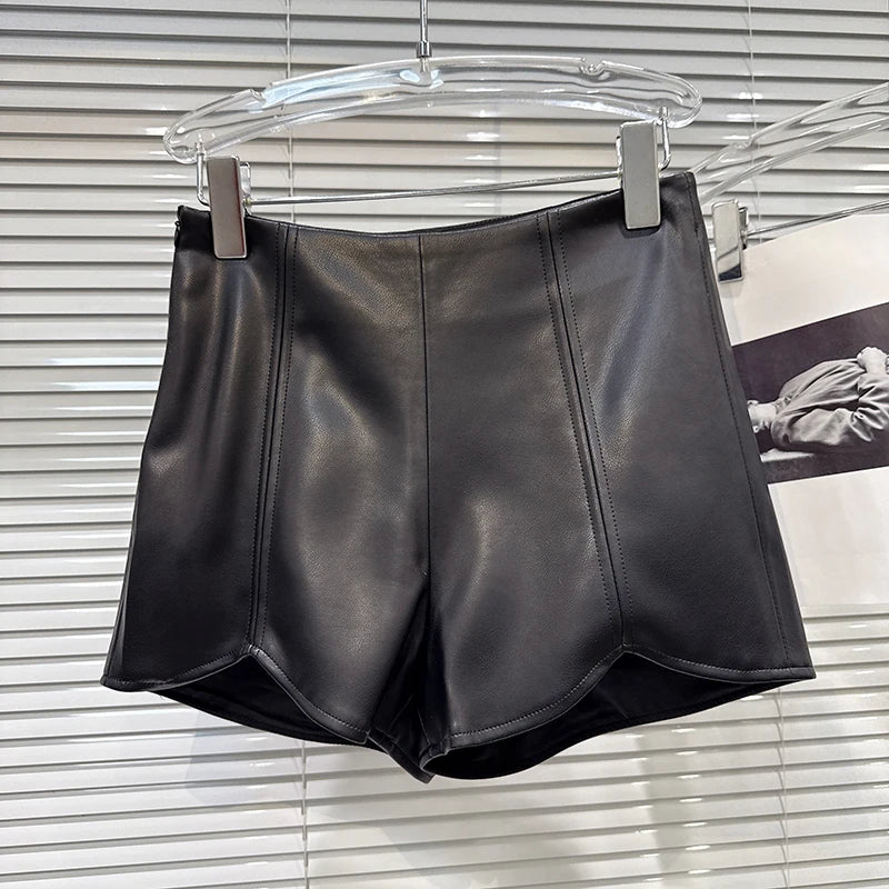 Winter New Fashion Style Stripe Stitching Design PU Leather Shorts For Women Solid Color Short Pants Female 11A07956 Black