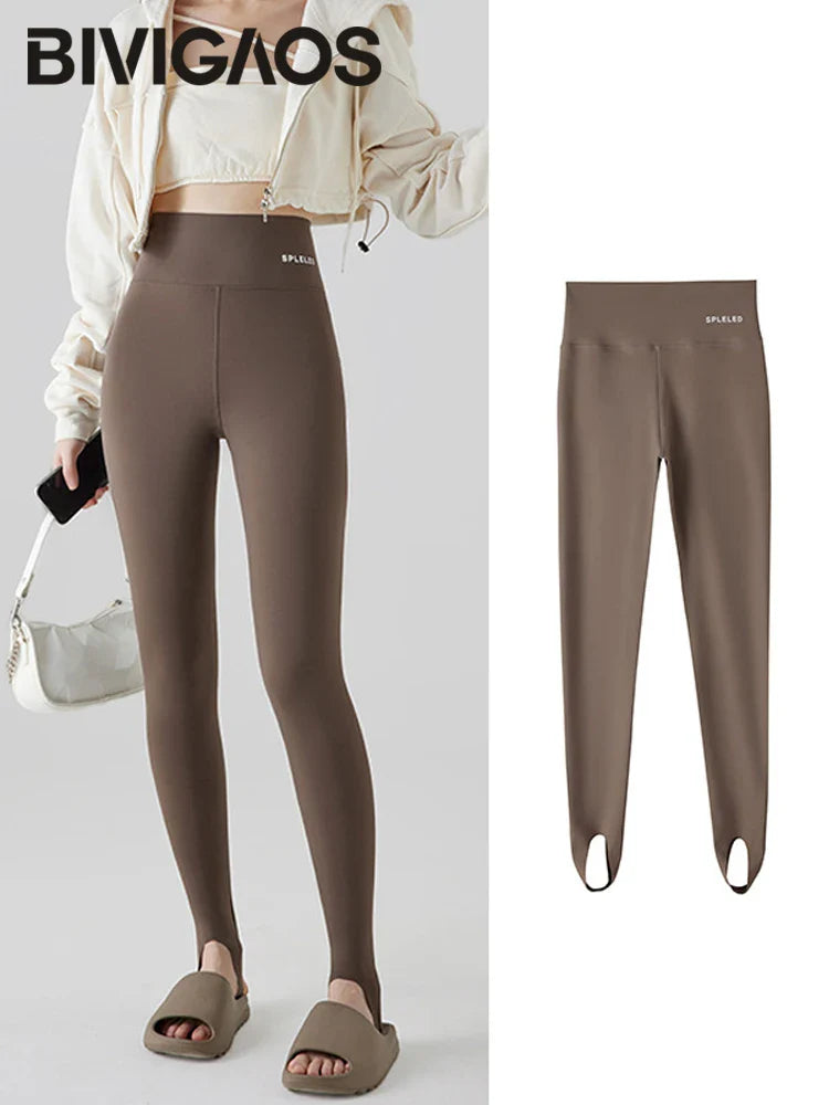 BIVIGAOS Skin-Touch Seamless Foot Pants Sharkskin Leggings Women Autumn New Fitness Sport Leggings Sexy Body Shape Shark Pants 730-Coffee