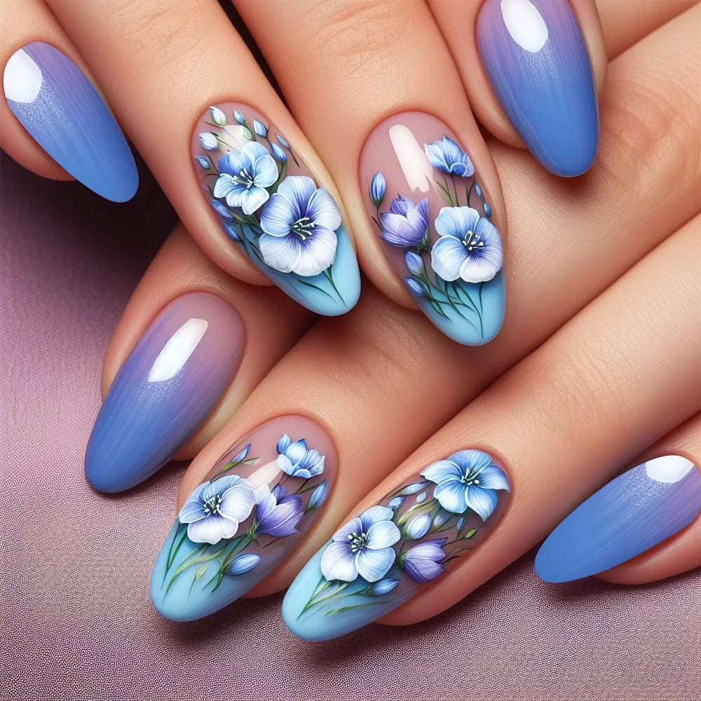 24Pcs Press on False Nails Simple Garden Fresh Flowers Design Sweet Fake Nails Tips Art Wearable Almond Stiletto Oval Manicure 4