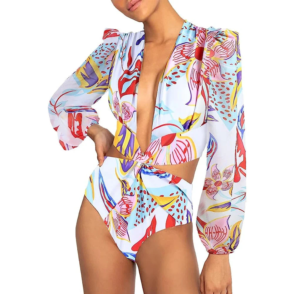New Sexy One Piece Swimsuit Deep V Neck Swimwear Woman Monokini Long Sleeves Print Cut Bathing Suit Women Summer Beach Wear 11061