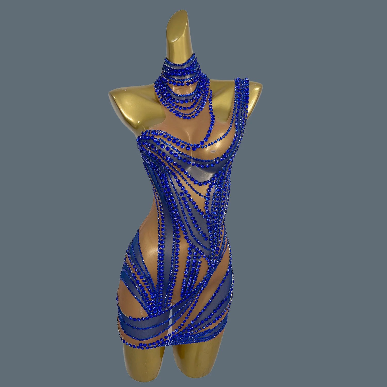 Sparkly Rhinestone Mini Dress Sexy Mesh See Through Party Event Prom Celebrate Birthday Dress Singer Show Wear Liuzhuan Blue One Size