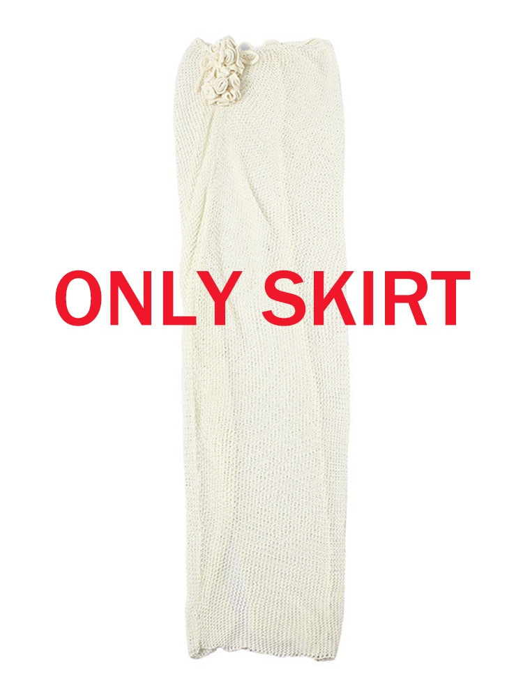 Tawnie Y2K Floral Appliques Knitted 2 Piece Sets Women 2024 Summer Sexy Halter Crop Top Split Maxi Skirt Sets Party Club Outfits Skirt One Size