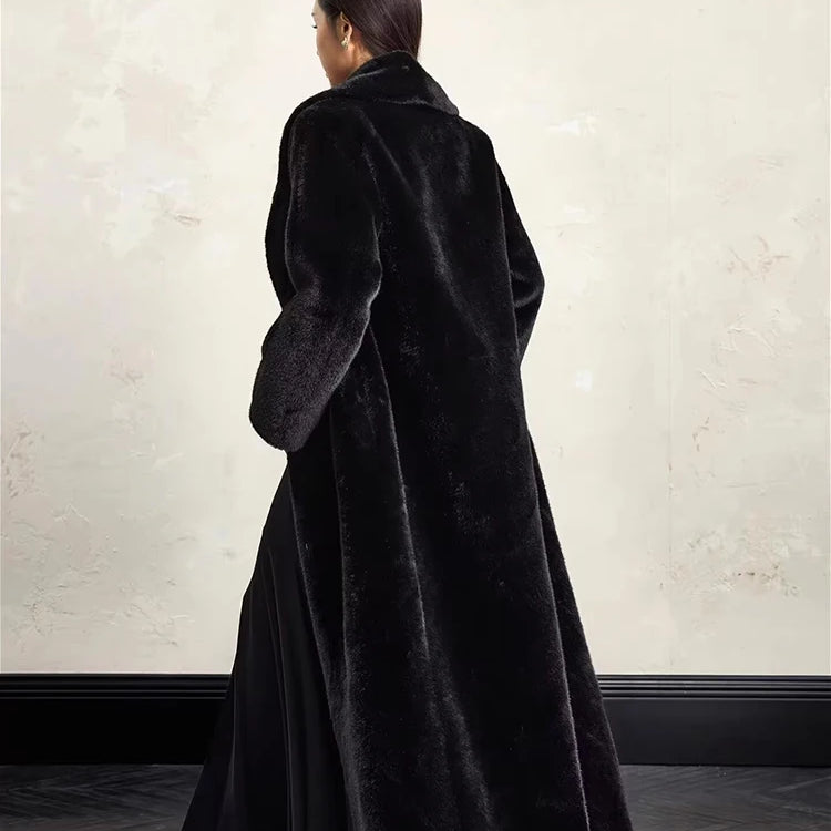 Lautaro Winter Extra Long Elegant Luxury Chic Thick Warm Soft Black Fluffy Faux Fur Coat Women Shawl Collar Furry Overcoat 2025